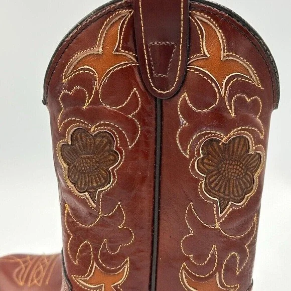 Vintage Texas Boot Co. 10.5D Leather Cowboy Boots Girls‎ Floral 1940s New w/ Box